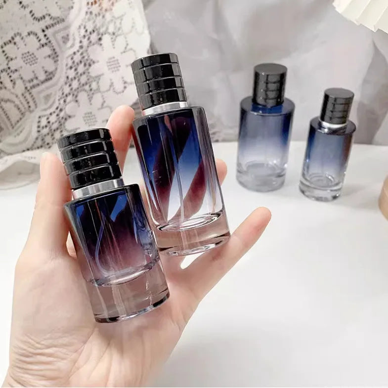 Gradient color glass perfume bottle by amzzonstore, 30ml-100ml refillable cosmetic atomizer for travel and fragrance storage.