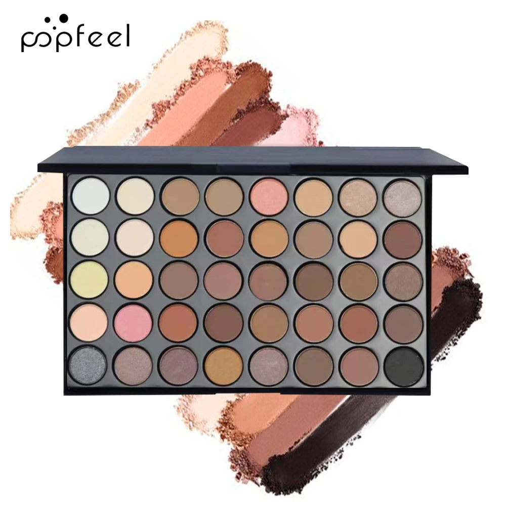 Popfeel All-in-One Eye Makeup Gift Set with eyeshadow palette, mascara, eyeliner, and eyebrow pencil, displayed in sleek packaging.