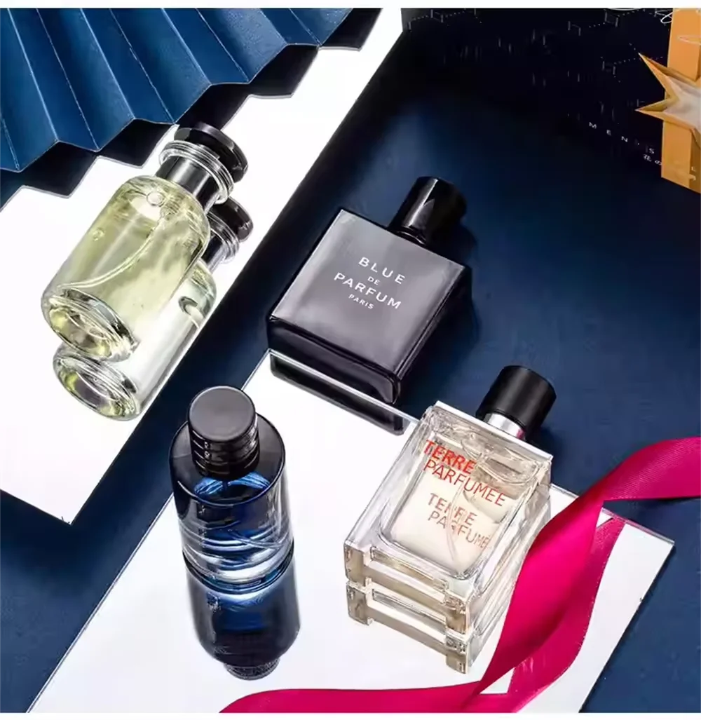 Set of four men's luxury perfume colognes in 100ml gift box featuring natural floral and fruity scents, displayed in stylish bottles.