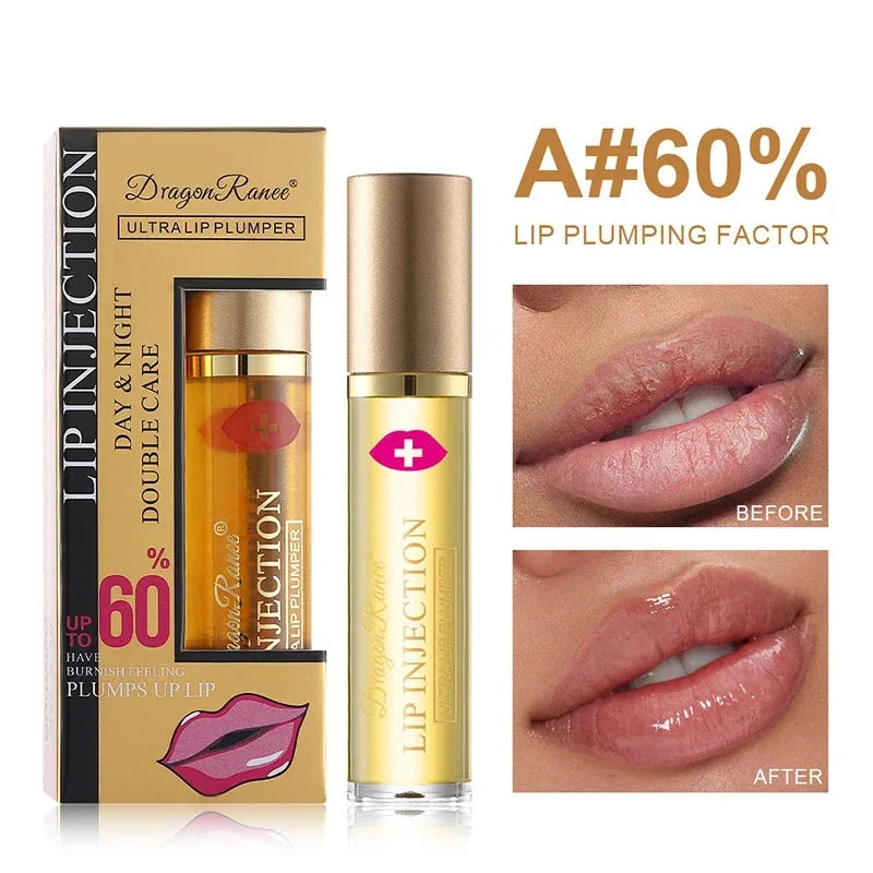 Close-up of amzzonstore instant volumising lip plumper oil and gloss on lips, showcasing a shiny, moisturized, and enhanced lip appearance.