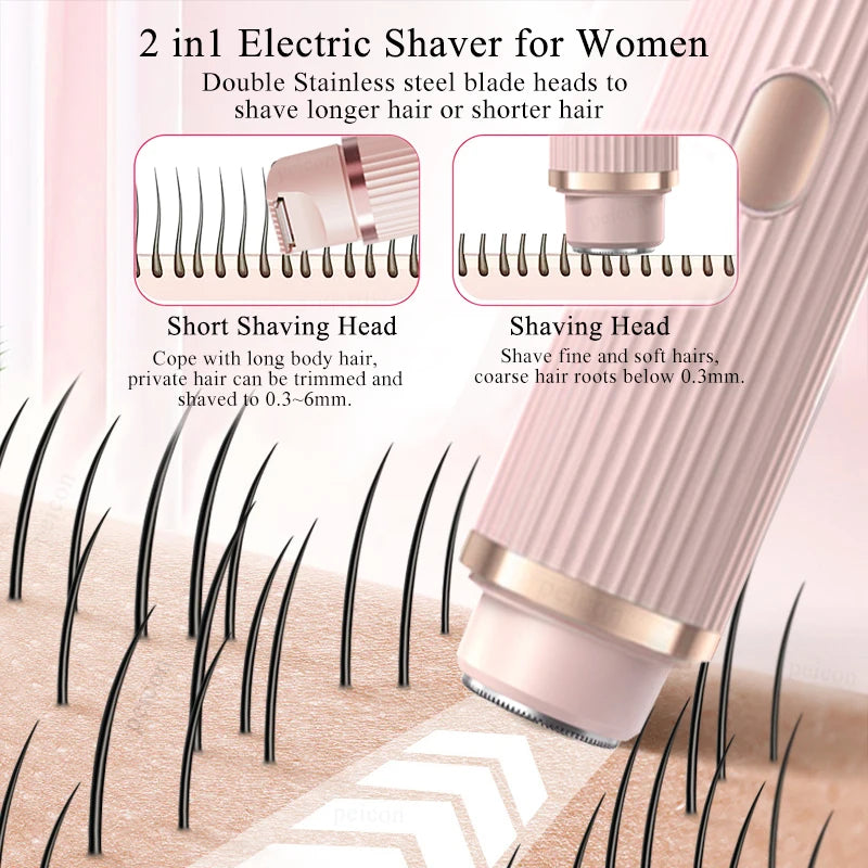 Pink and purple waterproof electric razor for women, bikini trimmer, face shaver, and body hair remover for underarms and legs.
