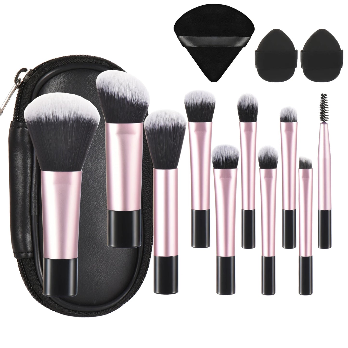 Set of 10 pink mini portable makeup brushes and puffs from amzzonstore, ideal for travel and professional makeup applications.