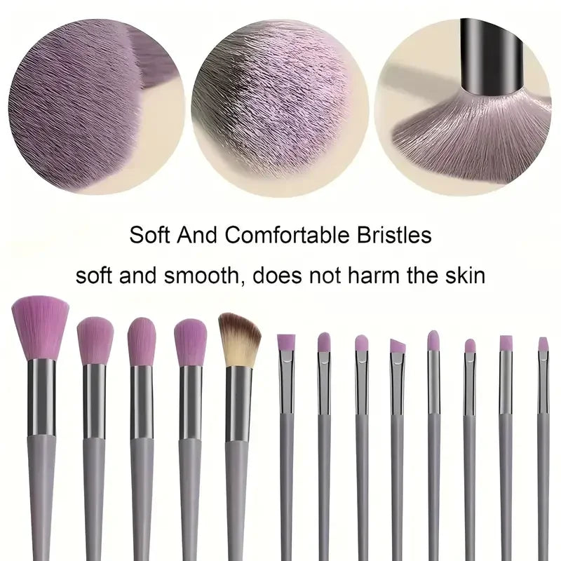 Set of 13 professional makeup brushes including foundation, eyeshadow, blush, and powder brushes from amzzonstore, with soft, fluffy bristles.