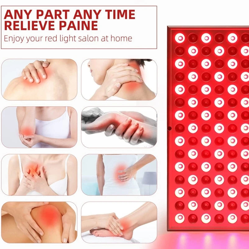 Red LED light therapy panel lamp for facial skin care and pain relief, featuring 225 LED lights for anti-aging and physical therapy.