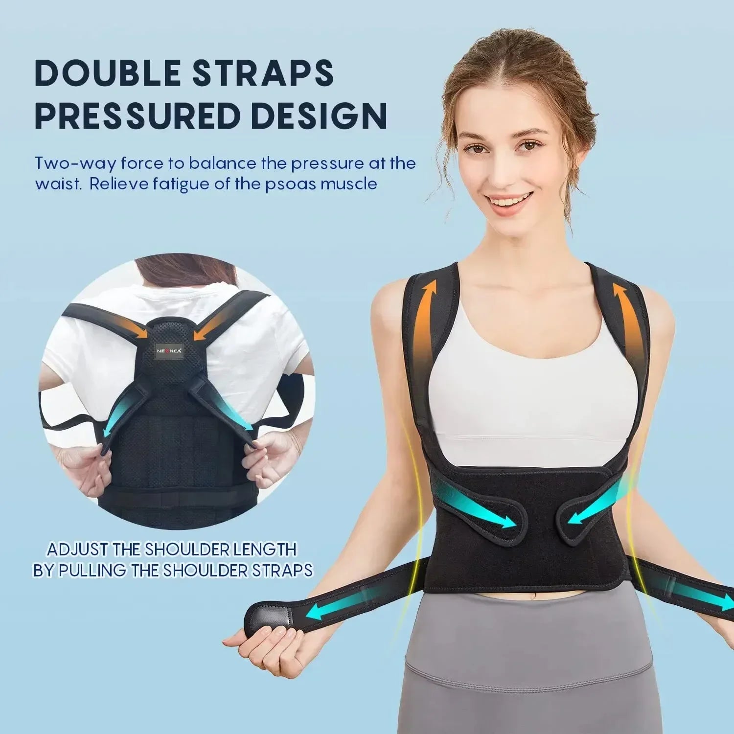 Amzzonstore posture corrector back brace with adjustable straps, orthopedic spinal support for men and women, comfortable and effective.