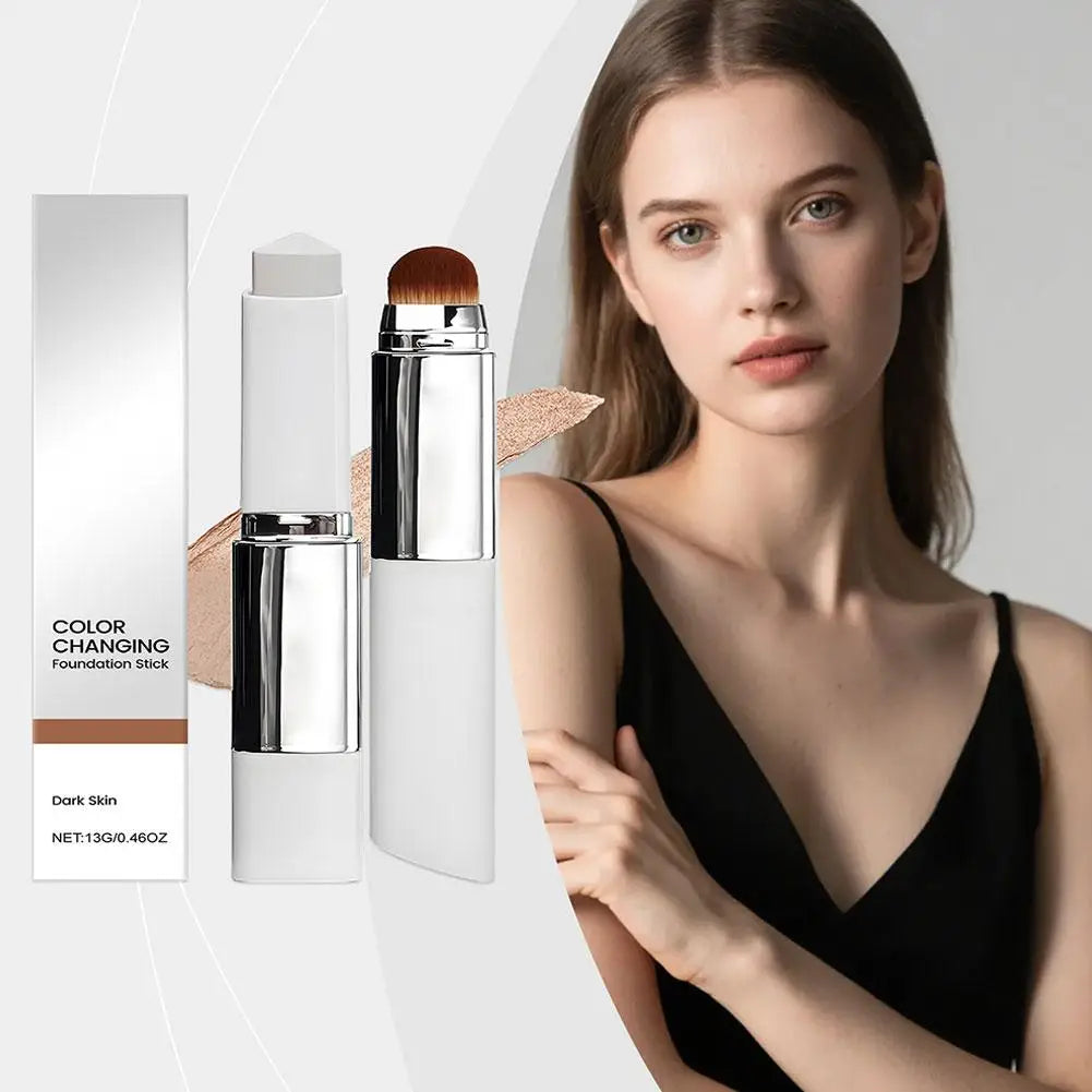 Color-changing 2-in-1 foundation stick by amzzonstore showing a sleek, lightweight liquid formula for all skin types, brightening and moisturizing.