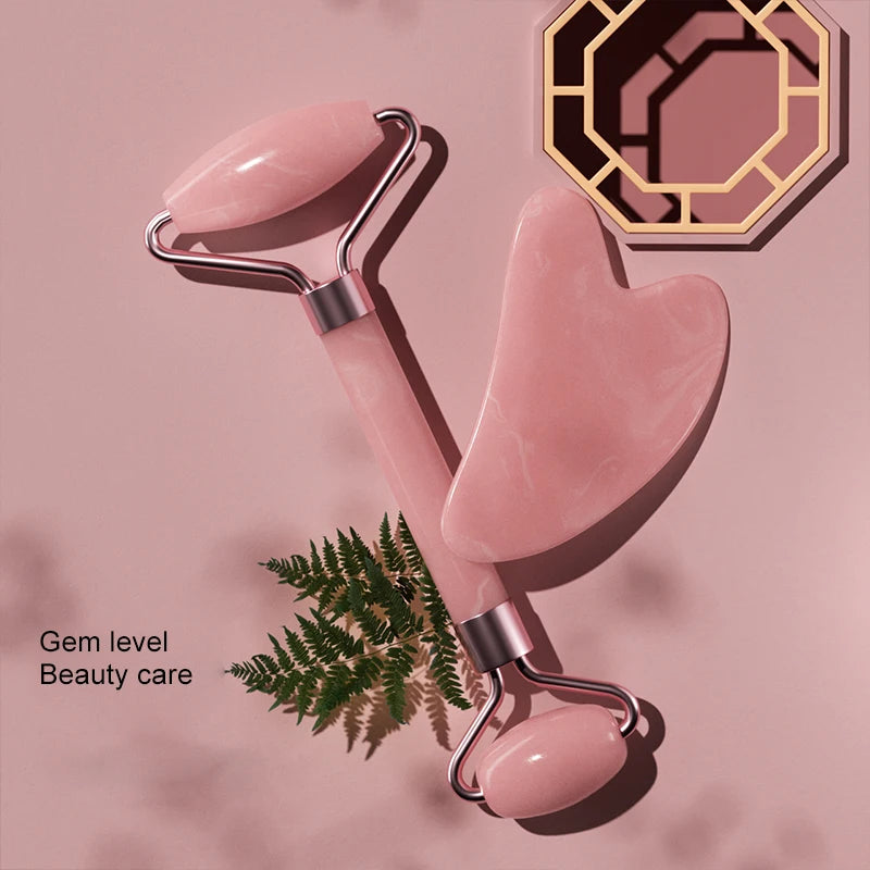 Resin facial roller and Gua Sha scraping board set by amzzon.store, used for face, neck, and eye skin wellness massage.