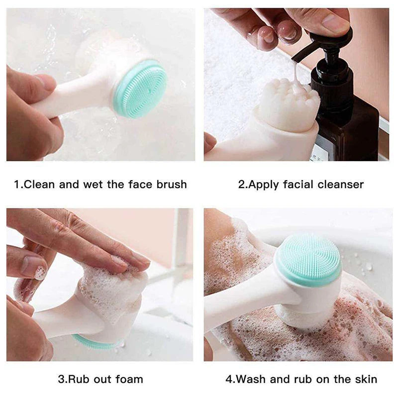 3D double-sided silicone facial cleansing brush by amzzon.store, showing textured surfaces for gentle face exfoliation and deep pore cleaning.
