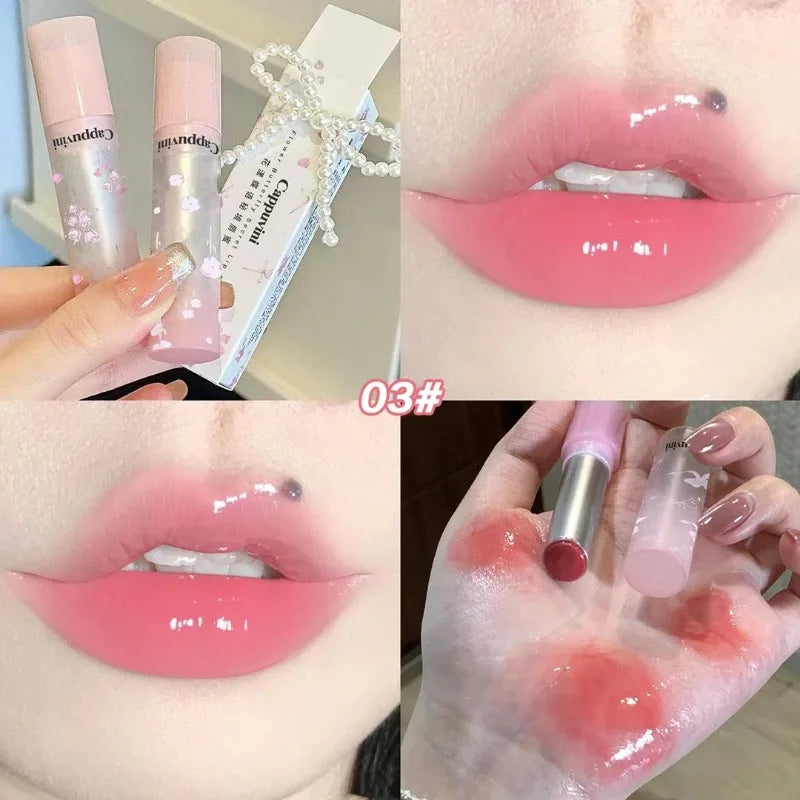Amzzonstore water light round tube lip gloss with natural nude peach tint and moisturizing jelly finish, showcasing its glossy, smooth texture.