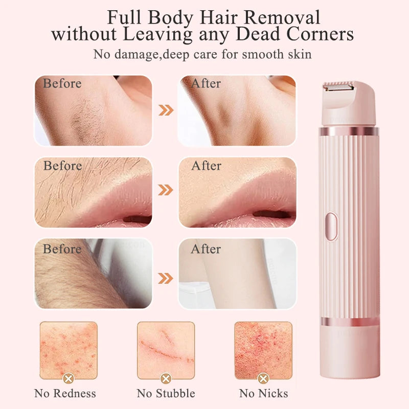 Pink and purple waterproof women's electric razor with bikini trimmer, face shaver, and body hair removal for underarms and legs.