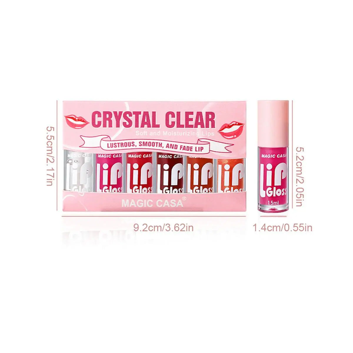 Magic Casa 6-piece hydrating lip oil set with shimmering glosses, long-lasting moisturizing lip glosses in sleek tubes.