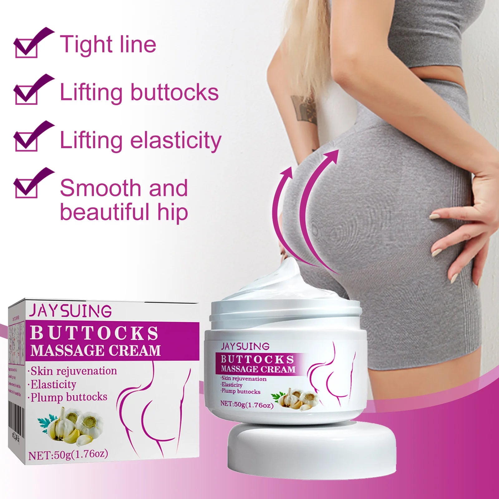 Jaysuing Hip and Buttock Care Cream for women, natural firming, lifting, and shaping lotion with a smooth cream texture.
