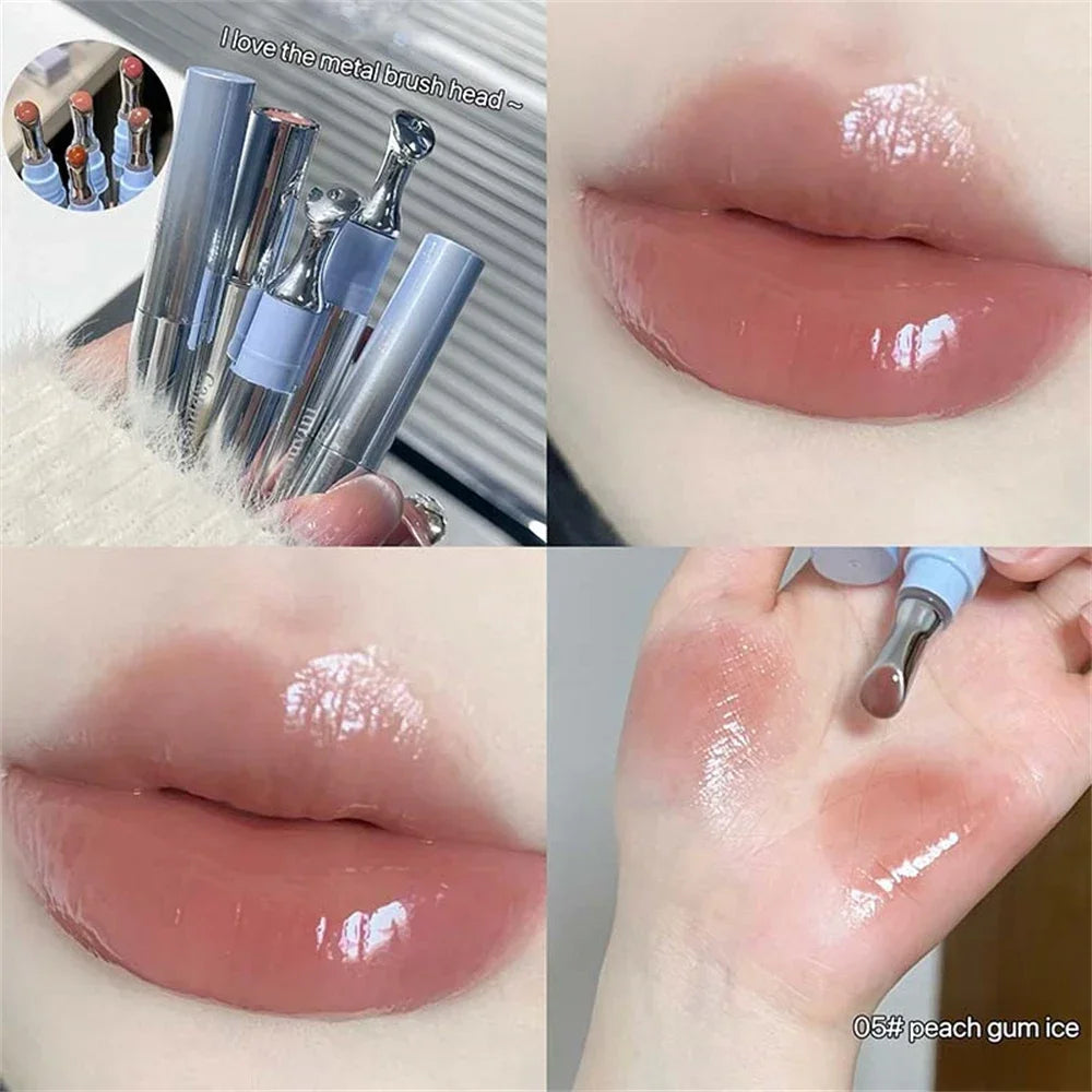 Metal head ice diamond essence lip tint from amzzonstore, showing a glass lip gloss container with a reflective surface and moisturizing formula.