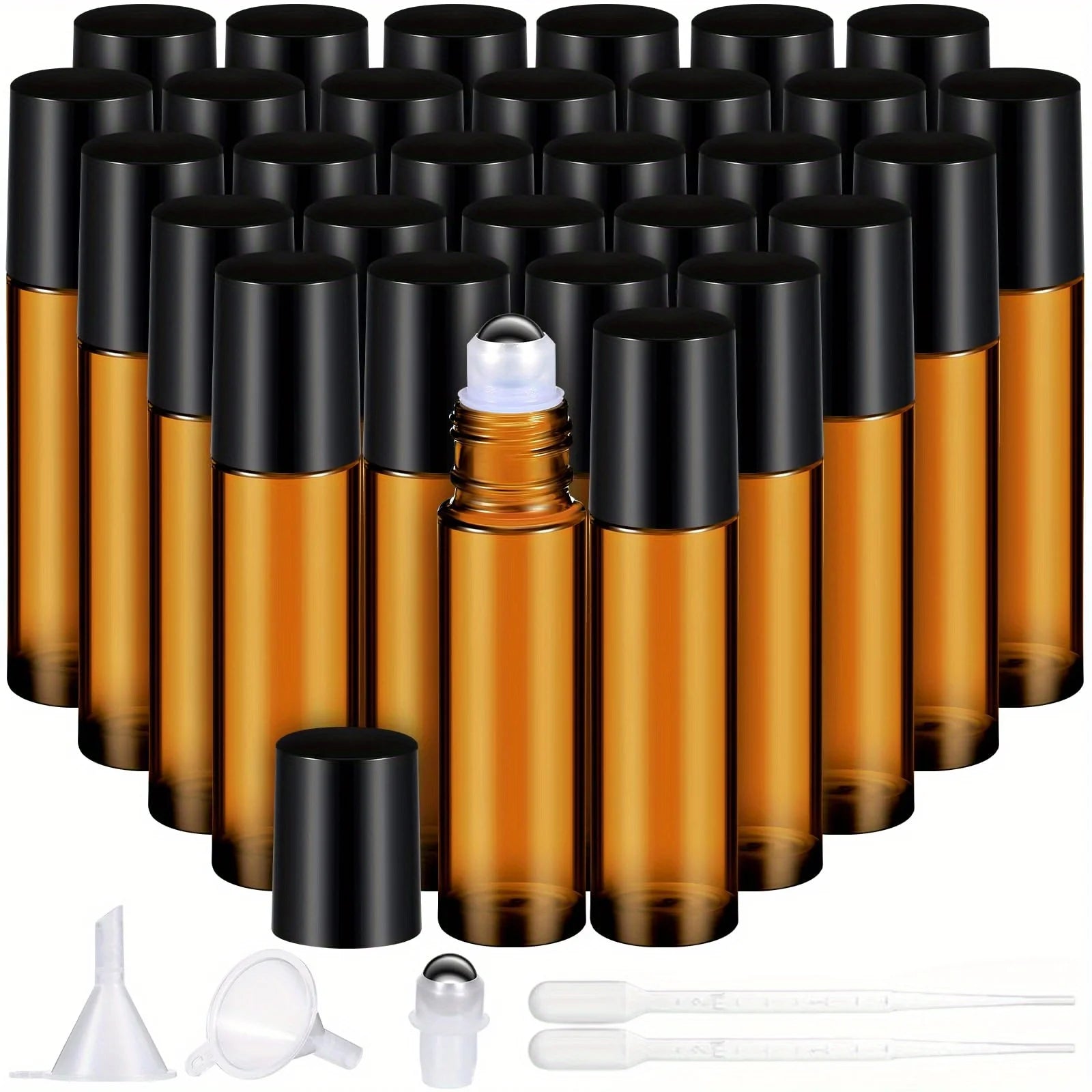 Empty glass roll-on bottles 10ml with stainless steel roller ball for essential oils.