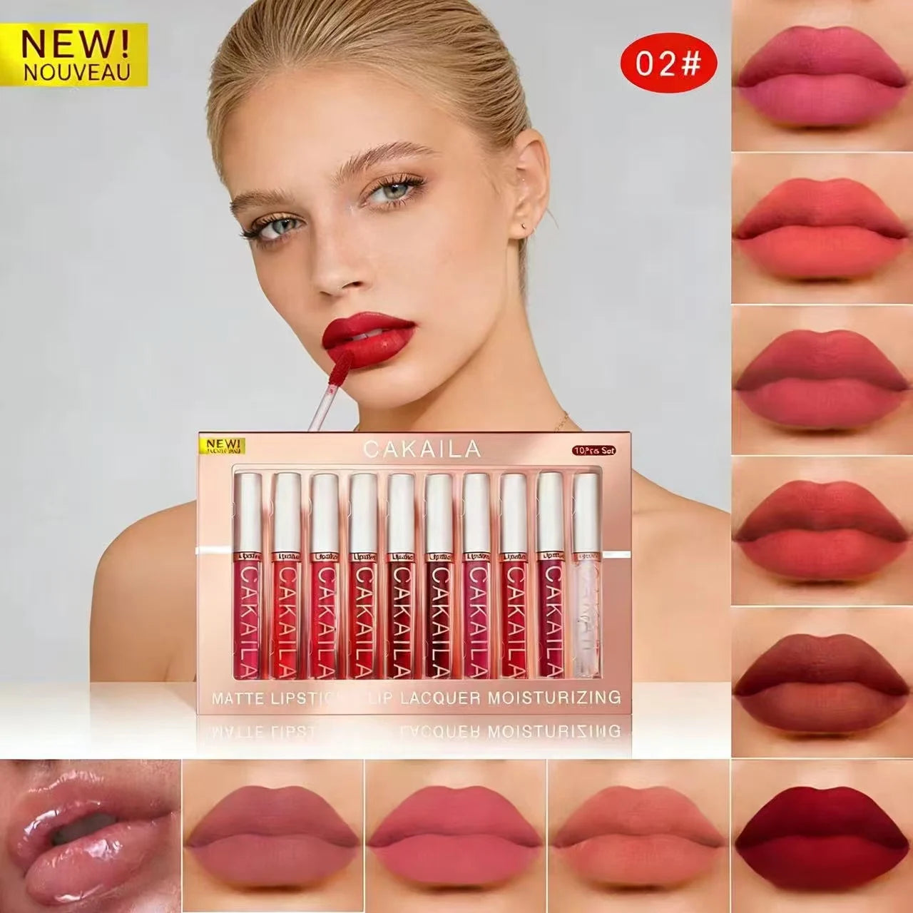 Waterproof matte liquid lipstick and lip oil set by amzzon.store featuring 10 nude, red, and pink long-lasting velvet lip glosses.