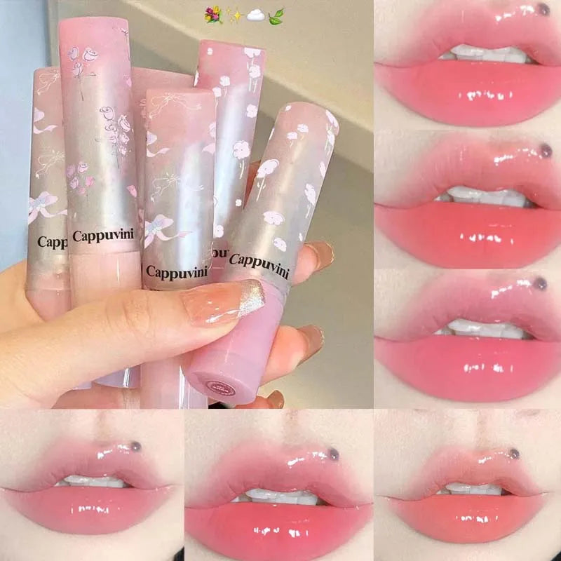Amzzonstore water-light round tube lip gloss with natural nude peach tint, moisturizing jelly lipstick, and glossy finish.