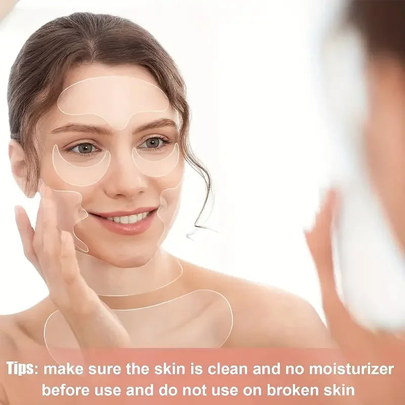 Reusable silicone anti-wrinkle face and neck patch for skin lifting and anti-aging, designed to reduce wrinkles and improve skin elasticity.