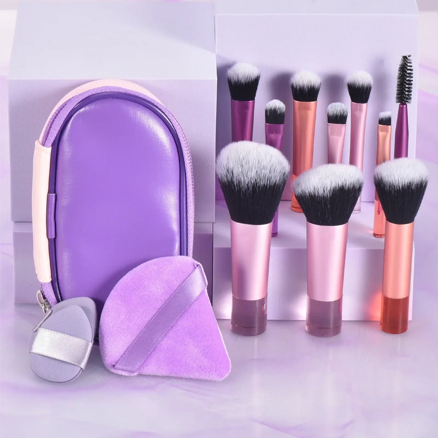 Set of 10 pink mini portable makeup brushes with puffs, ideal for travel, from the amzzonstore palm makeup tool professional set