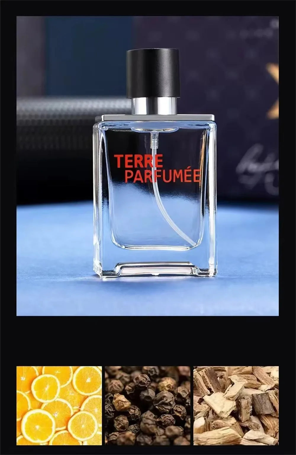 Set of four luxury men's cologne perfumes by amzzonstore, featuring floral and fruity scents in 100ml spray bottles.