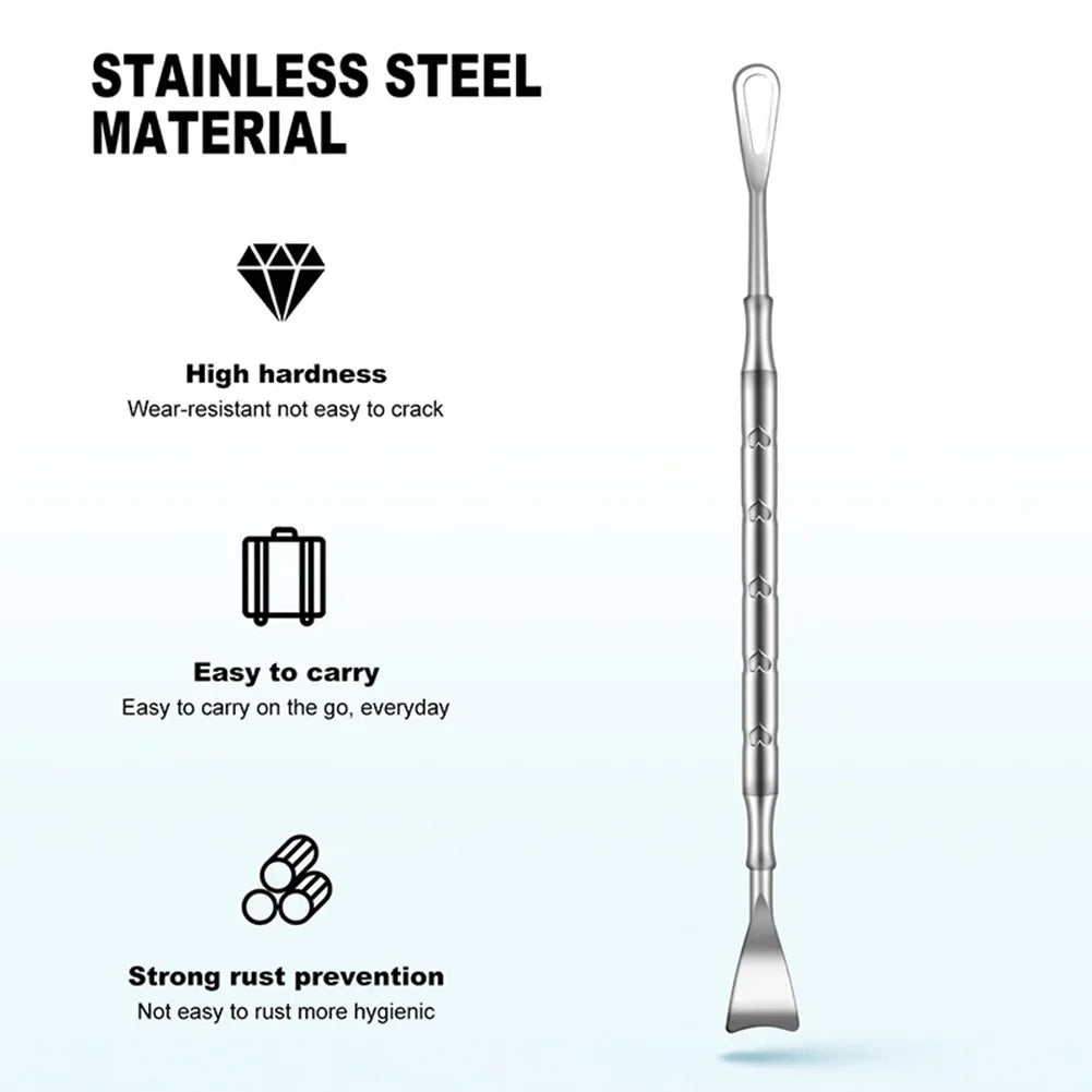 Double head stainless steel blackhead remover tool with black handle, professional blemish extractor for face skin pore cleaning.