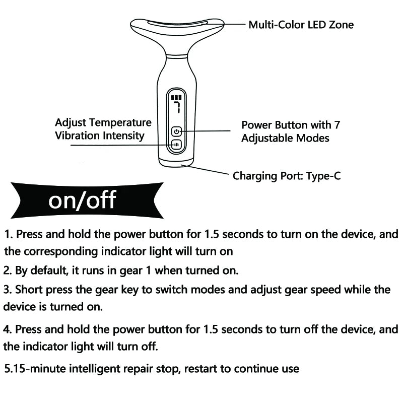 Amzzon.store 7-color LED light therapy face and neck massager with sonic vibration for skin tightening and anti-wrinkle facial care.
