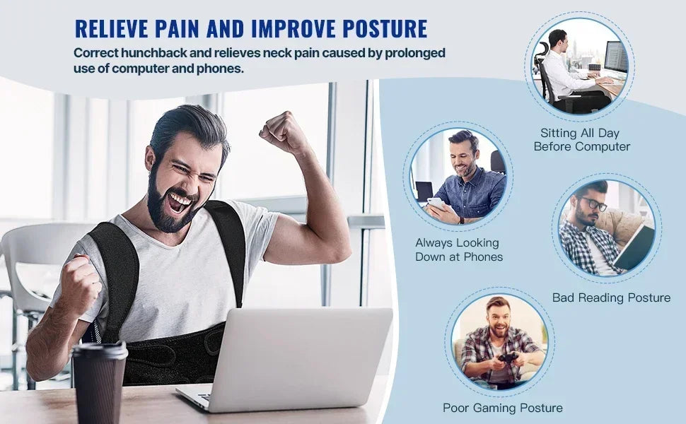 Adjustable posture corrector back brace for men and women, featuring orthopedic straps for improved spinal alignment and comfort.