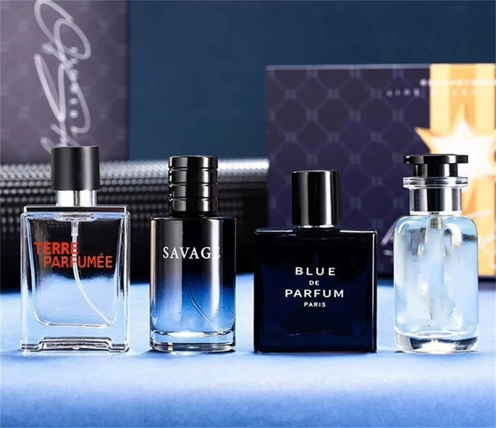 Set of four luxury men's perfume colognes with floral and fruity scents in 100ml spray bottles, from amzzonstore.