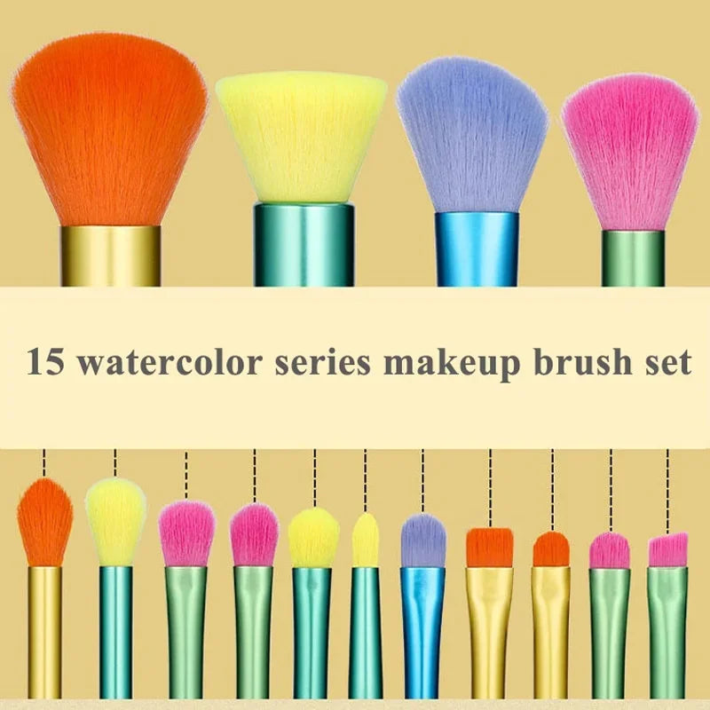 Set of 15 colorful makeup brushes including foundation, blush, concealer, and eyeshadow blending brushes from amzzonstore.