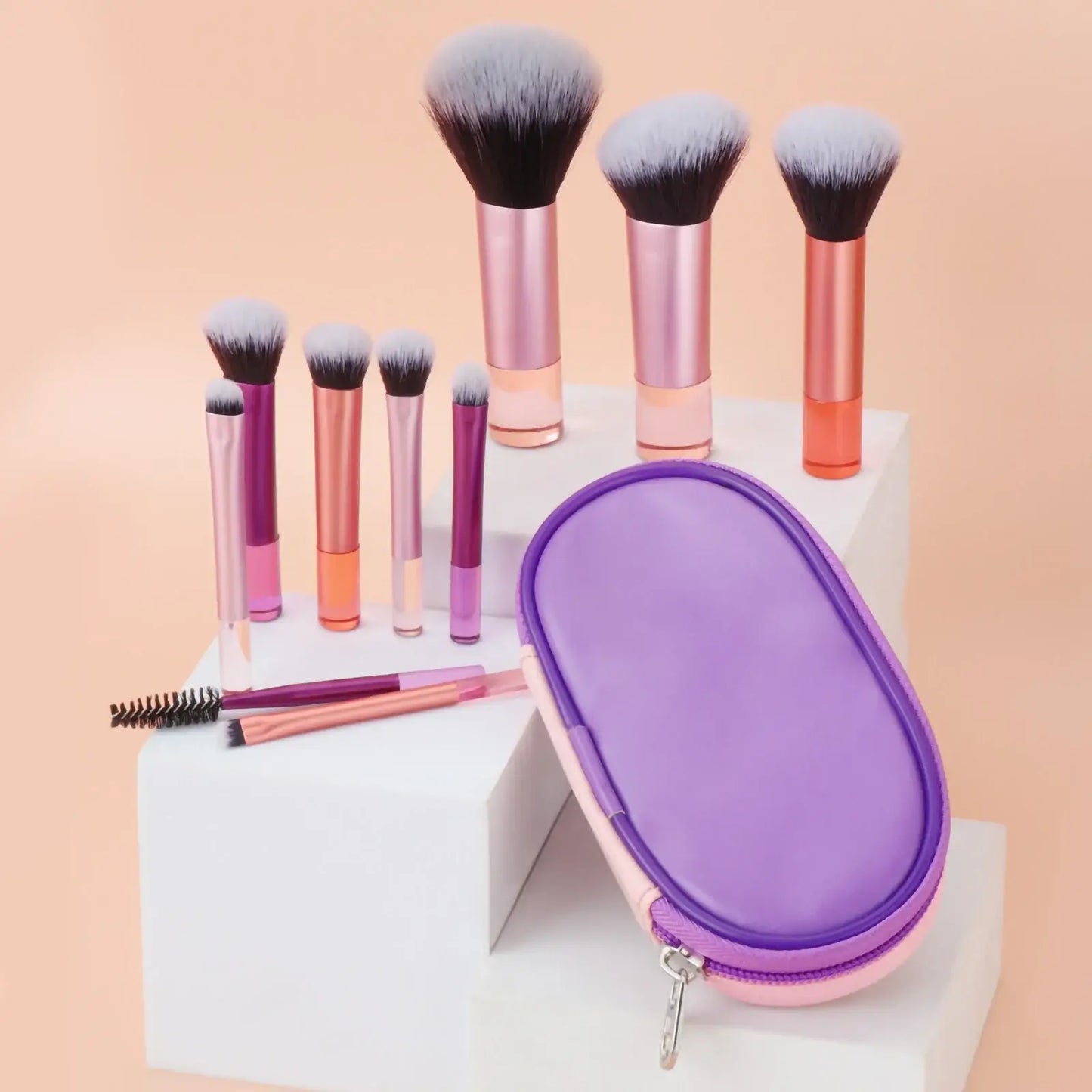 Set of 10 pink mini portable makeup brushes by amzzonstore, perfect for travel, includes palm-sized professional makeup tools