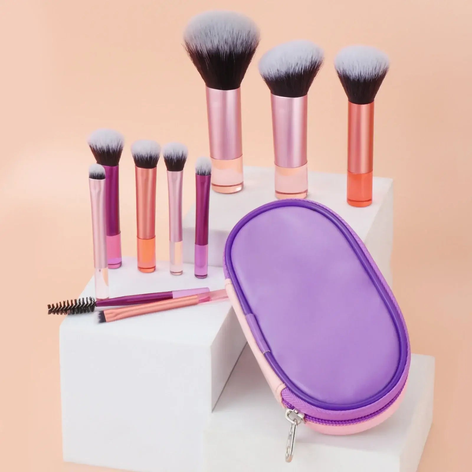 Set of 10 pink mini portable makeup brushes by amzzonstore, perfect for travel, includes palm-sized professional makeup tools