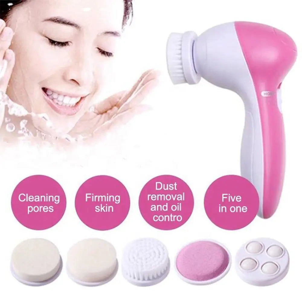 amzzon.store 5-in-1 electric facial cleansing brush set with waterproof face scrubber and deep pore blackhead cleaner.