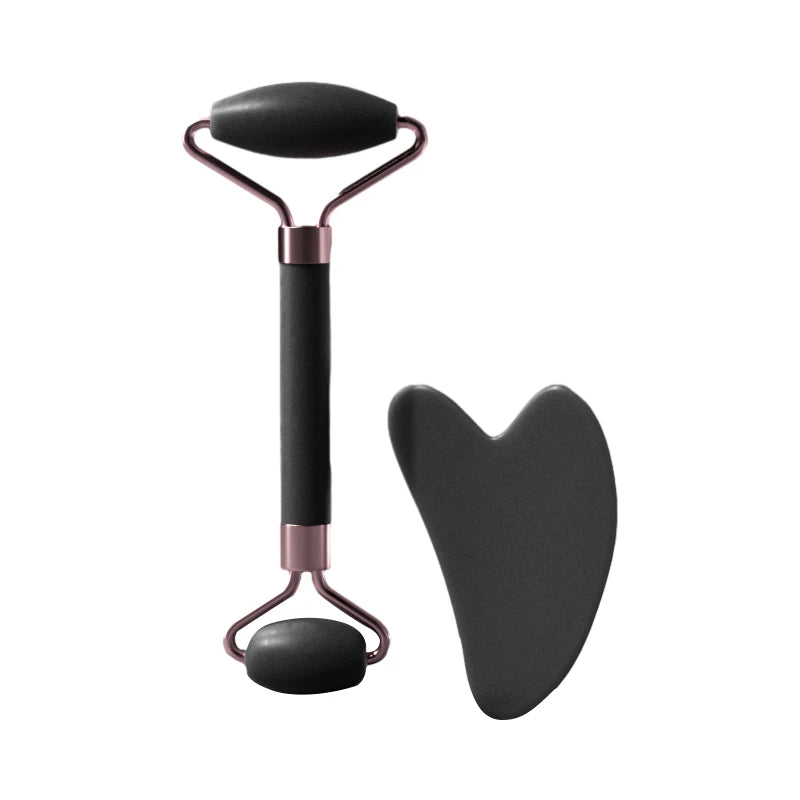 Resin facial roller and gua sha scraping board set for face, neck, and eye massage, promoting skin wellness and relaxation.