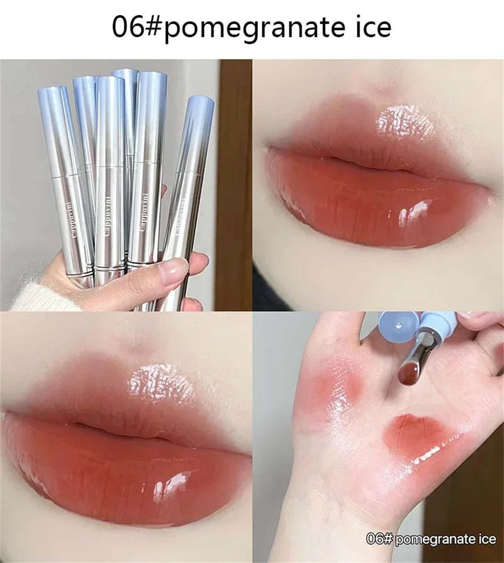 Amzzonstore Metal Head Ice Diamond Essence Lip Tint with mirror, water light glass finish, moisturizing and plumping lip gloss.