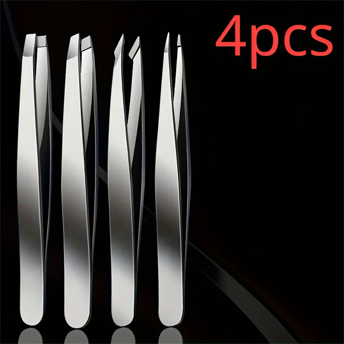 Set of four professional stainless steel eyebrow tweezers by amzzon.store, precision hair removal tools for face and splinter removal.