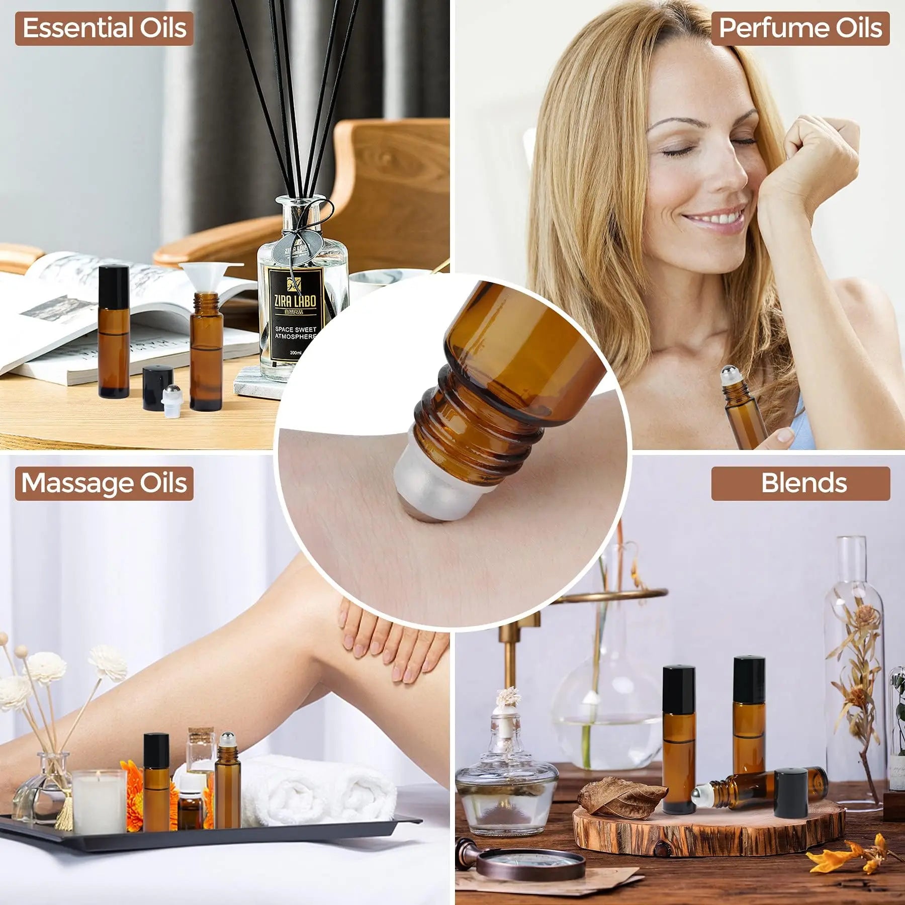 Empty 10ml glass roll-on essential oil bottle with stainless steel ball for perfumes, travel, and refillable aromatherapy use.