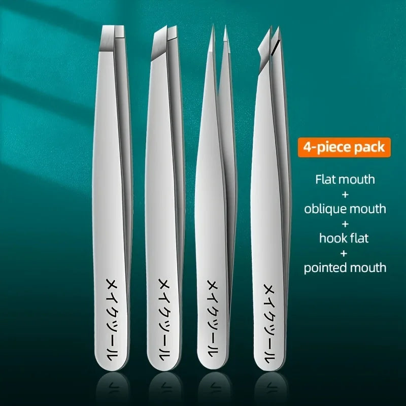 Set of four professional stainless steel eyebrow tweezers from amzzon.store, ideal for precise face hair and splinter removal.