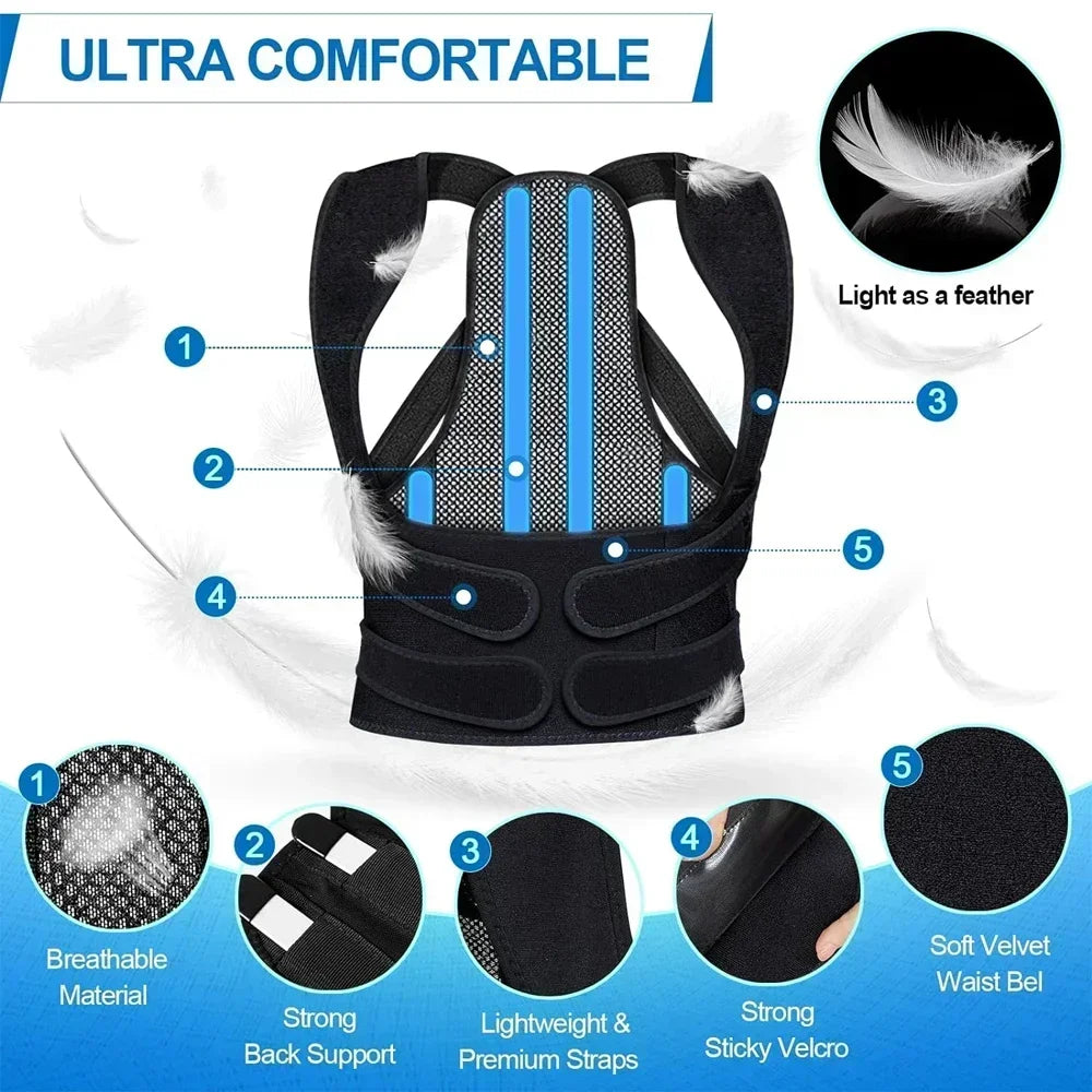 Amzzonstore posture corrector back brace with adjustable straps for men and women, supporting upper spine and improving posture.
