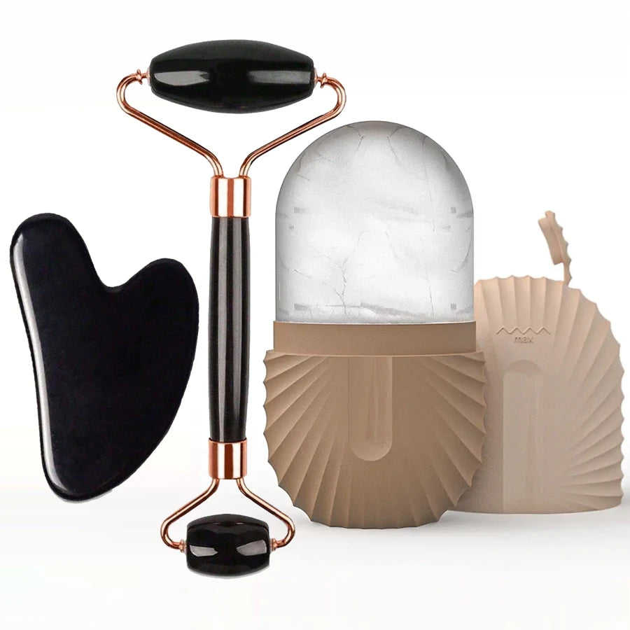 Set of 1/2/3 ice face rollers and GuaSha facial massage tools for skincare, lifting, and contouring, in sleek designs.