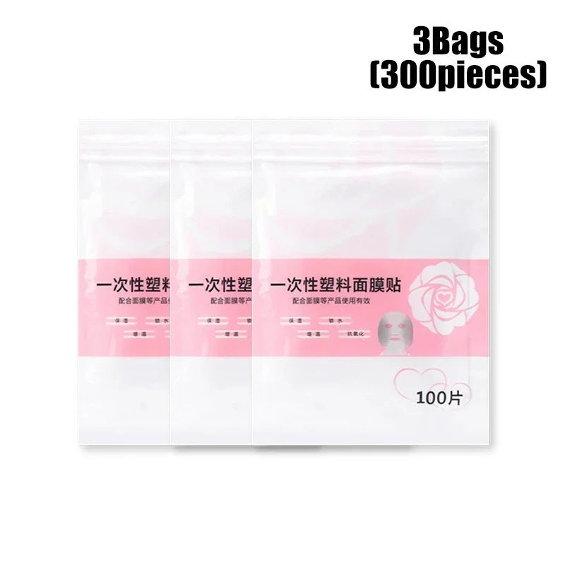 Disposable plastic full face cleaner mask with transparent film, includes neck stickers, ideal for facial beauty and makeup applications.