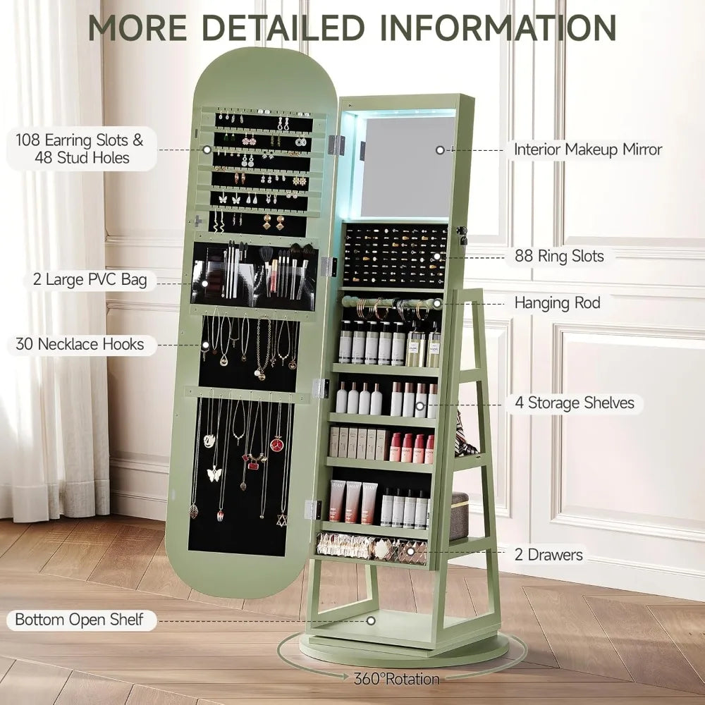 Amzzonstore 360° swivel jewelry mirror cabinet with built-in lights, inside makeup mirror, standing jewelry armoire organizer.