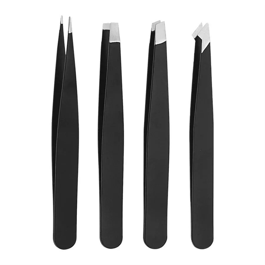 Set of four professional stainless steel eyebrow tweezers from amzzon.store, ideal for precise eyebrow shaping and hair removal.