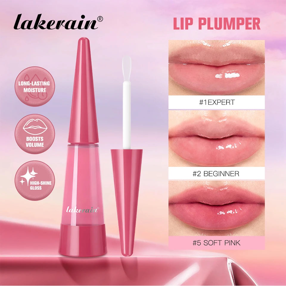 Lakerain Lip Plumper Gloss Oil by amzzonstore showing a clear, shiny lip gloss tube with a sleek design and applicator wand.