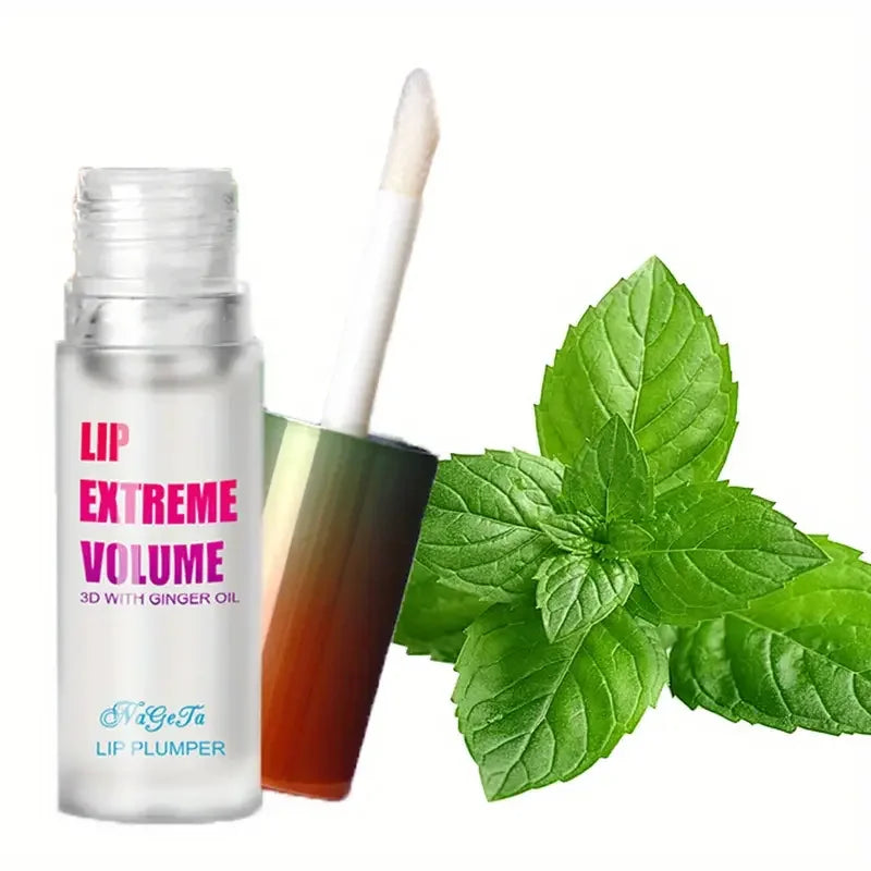 Ginger and mint lip plumper oil serum in a clear bottle, featuring a sleek design for fuller, smoother, youthful lips.