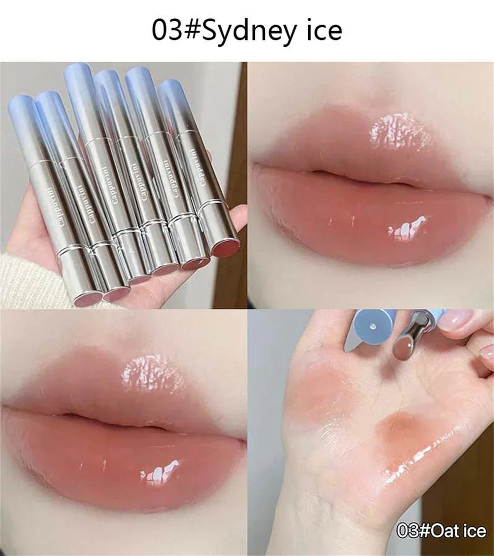 Metal head ice diamond essence lip tint from amzzonstore with mirror and light glass design, moisturizing and plumping lip gloss.