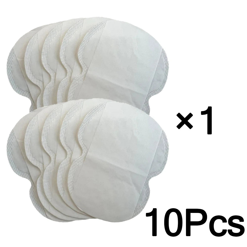 Disposable underarm sweat pads from amzzon.store, absorbent shields for odor control and hyperhidrosis, shown in a pack of multiple pieces.