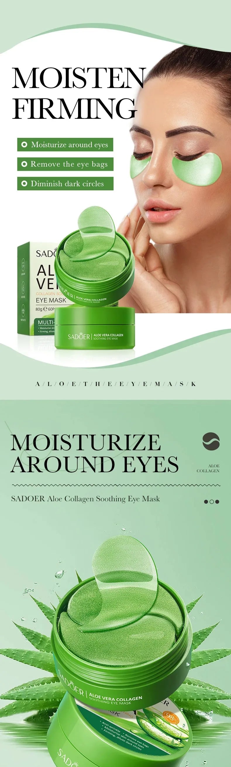 Amzzon.store REAROYA Aloe Vera Collagen Eye Mask patches for dark circles, puffiness, and wrinkles, shown on a white background.