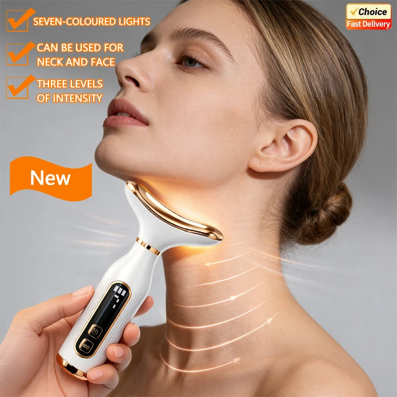Amzzon.store 7-color LED light therapy face and neck massager with sonic vibration for skin tightening and anti-wrinkle skincare.