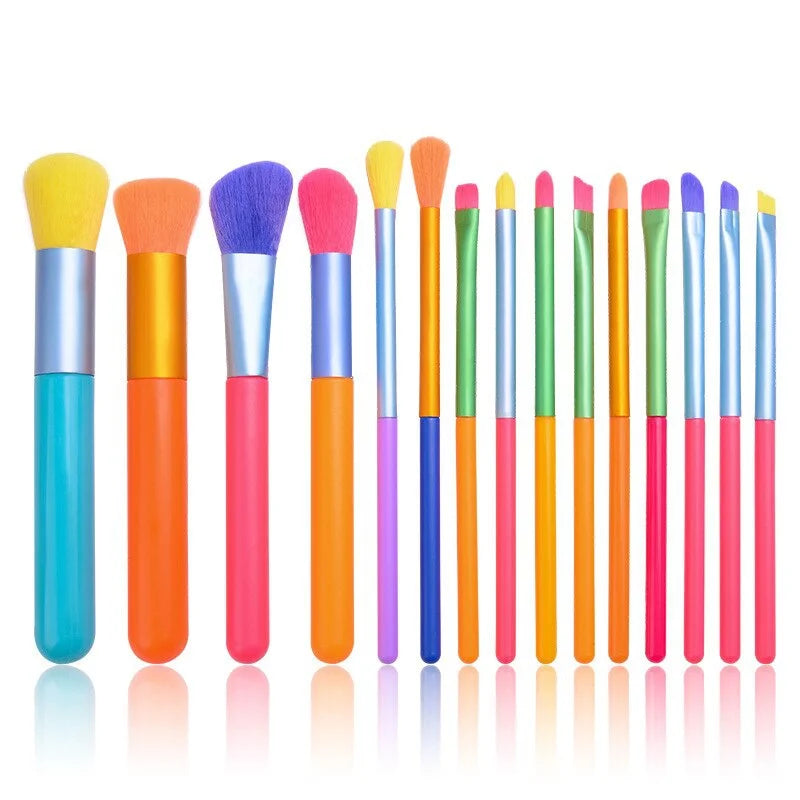 Set of 15 colorful makeup brushes including foundation, blush, concealer, eyeshadow, and blending brushes by amzzonstore.