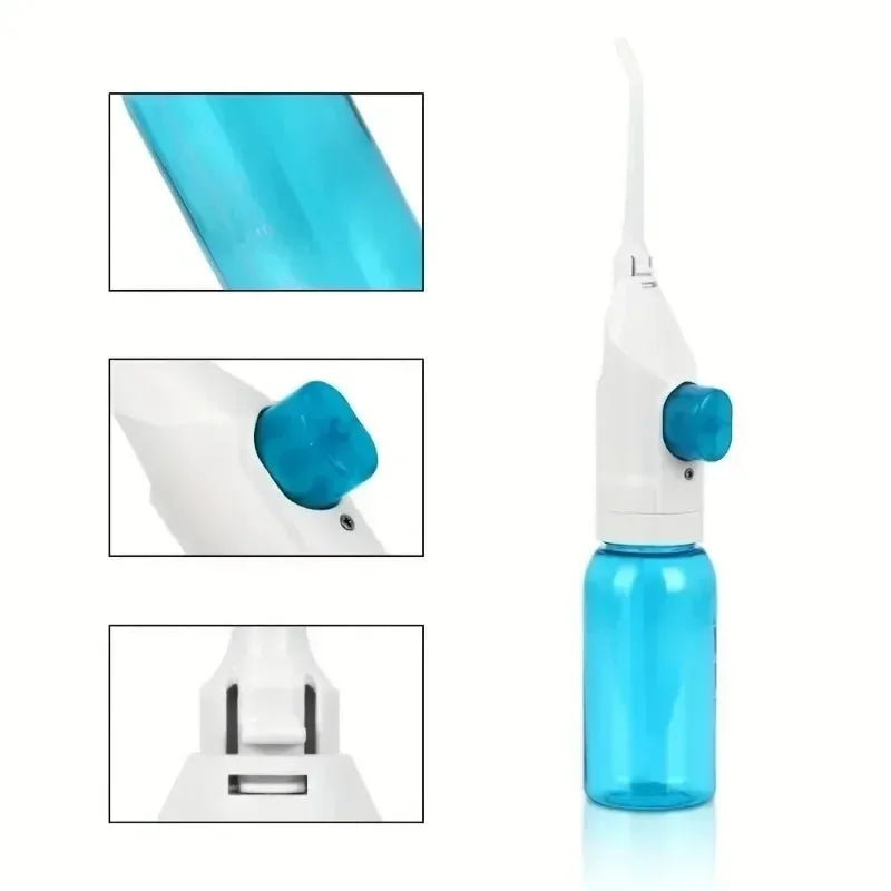 Portable manual water flosser from amzzon.store, high-pressure oral irrigator with toothpick-style interdental cleaning device.