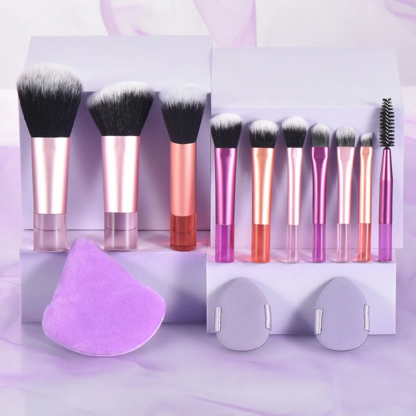 Set of 10 pink mini travel makeup brushes with soft puffs, compact portable professional makeup tool set from amzzonstore.